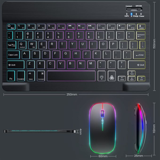 10inch Wireless Bluetooth Keyboard+Mouse 7 Colors Backlit Rechargeable Keyboard