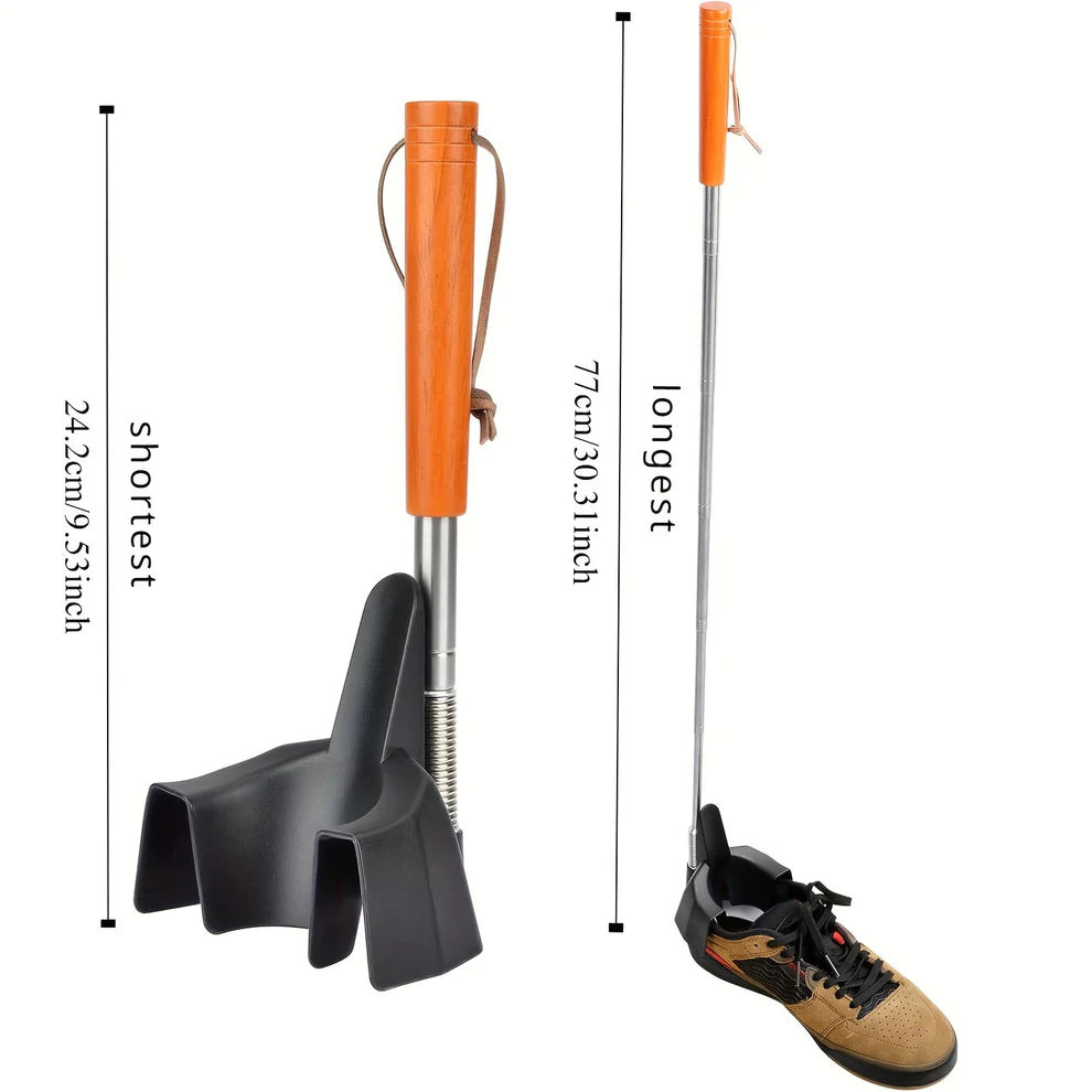 Bending free stainless steel extendable shoe extractor and shoe wearing aid