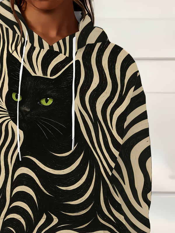 Women'S Hooded Sweatshirt - Black & White Zebra Stripe with Green Eyes