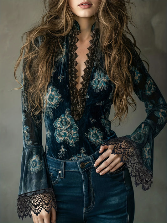 Women's Vintage Velvet Long-Sleeve Shirt