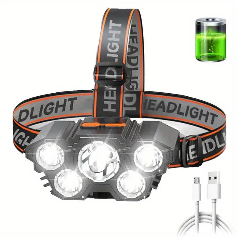 1PC 5 LED Headlamp Rechargeable, Waterproof, USB Head Flashlight, Camping And Fishing Headlight For Home Outdoor Emergency Lantern