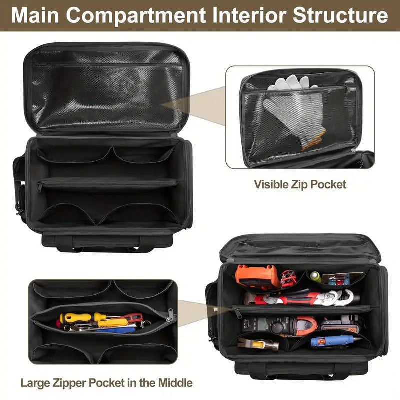 14-inch Durable Fabric Tool Bag for Men, Anti-Abrasion Base, Multi-Purpose Organizer for Electrician, Tactical Work Tote for Repair, Maintenance, and Handyman Use, Non-Waterproof Black Tool Storage Bag