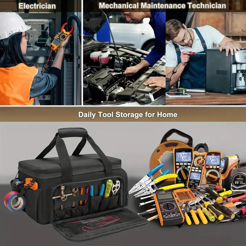 14-inch Durable Fabric Tool Bag for Men, Anti-Abrasion Base, Multi-Purpose Organizer for Electrician, Tactical Work Tote for Repair, Maintenance, and Handyman Use, Non-Waterproof Black Tool Storage Bag