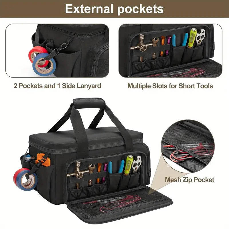 14-inch Durable Fabric Tool Bag for Men, Anti-Abrasion Base, Multi-Purpose Organizer for Electrician, Tactical Work Tote for Repair, Maintenance, and Handyman Use, Non-Waterproof Black Tool Storage Bag