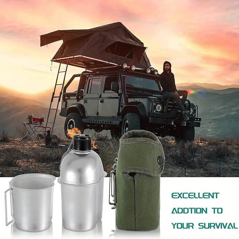 304 Stainless Steel Military Canteen Kit with Cup, Portable Cooking Stove, and Canvas Cover, Multi-Functional Outdoor Camping Gear for Hiking and Backpacking, Age 14+