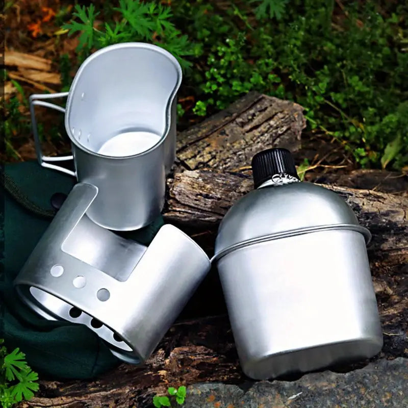 304 Stainless Steel Military Canteen Kit with Cup, Portable Cooking Stove, and Canvas Cover, Multi-Functional Outdoor Camping Gear for Hiking and Backpacking, Age 14+