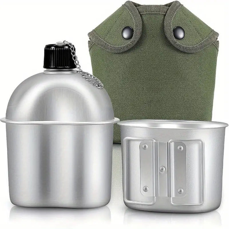 304 Stainless Steel Military Canteen Kit with Cup, Portable Cooking Stove, and Canvas Cover, Multi-Functional Outdoor Camping Gear for Hiking and Backpacking, Age 14+