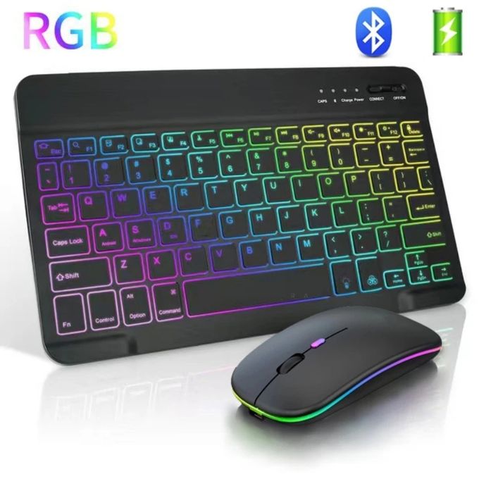 10inch Wireless Bluetooth Keyboard+Mouse 7 Colors Backlit Rechargeable Keyboard