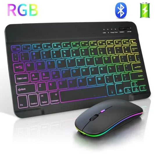 10inch Wireless Bluetooth Keyboard+Mouse 7 Colors Backlit Rechargeable Keyboard