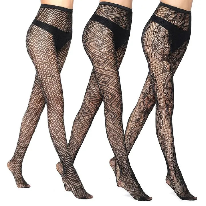 Women's Hosiery 3 Pairs Of High Elastic Jacquard Fishnet Stockings