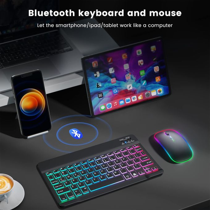 10inch Wireless Bluetooth Keyboard+Mouse 7 Colors Backlit Rechargeable Keyboard