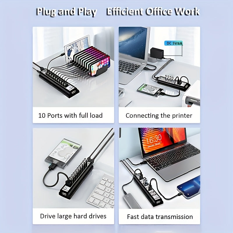 10-Port USB Hub Compatible for PS5/PS4/Xbox/PC/Mac
