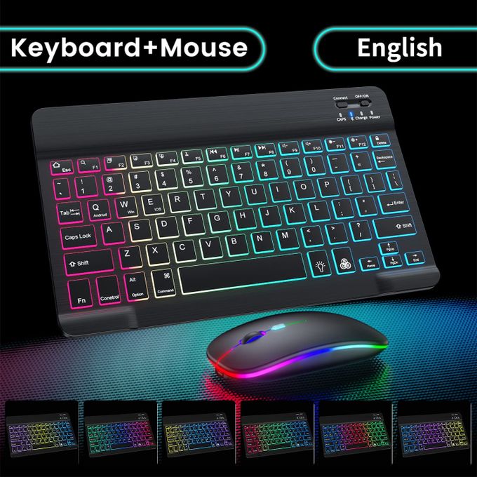 10inch Wireless Bluetooth Keyboard+Mouse 7 Colors Backlit Rechargeable Keyboard