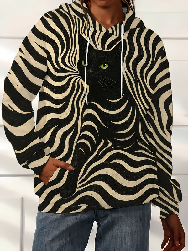 Women'S Hooded Sweatshirt - Black & White Zebra Stripe with Green Eyes