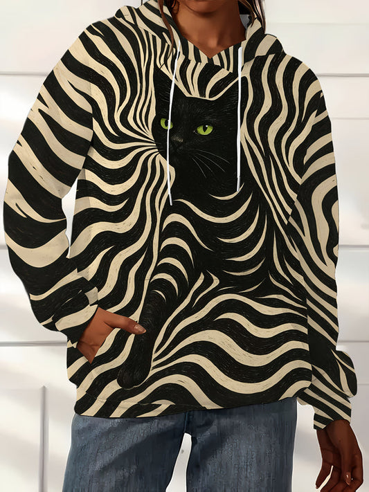 Women'S Hooded Sweatshirt - Black & White Zebra Stripe with Green Eyes