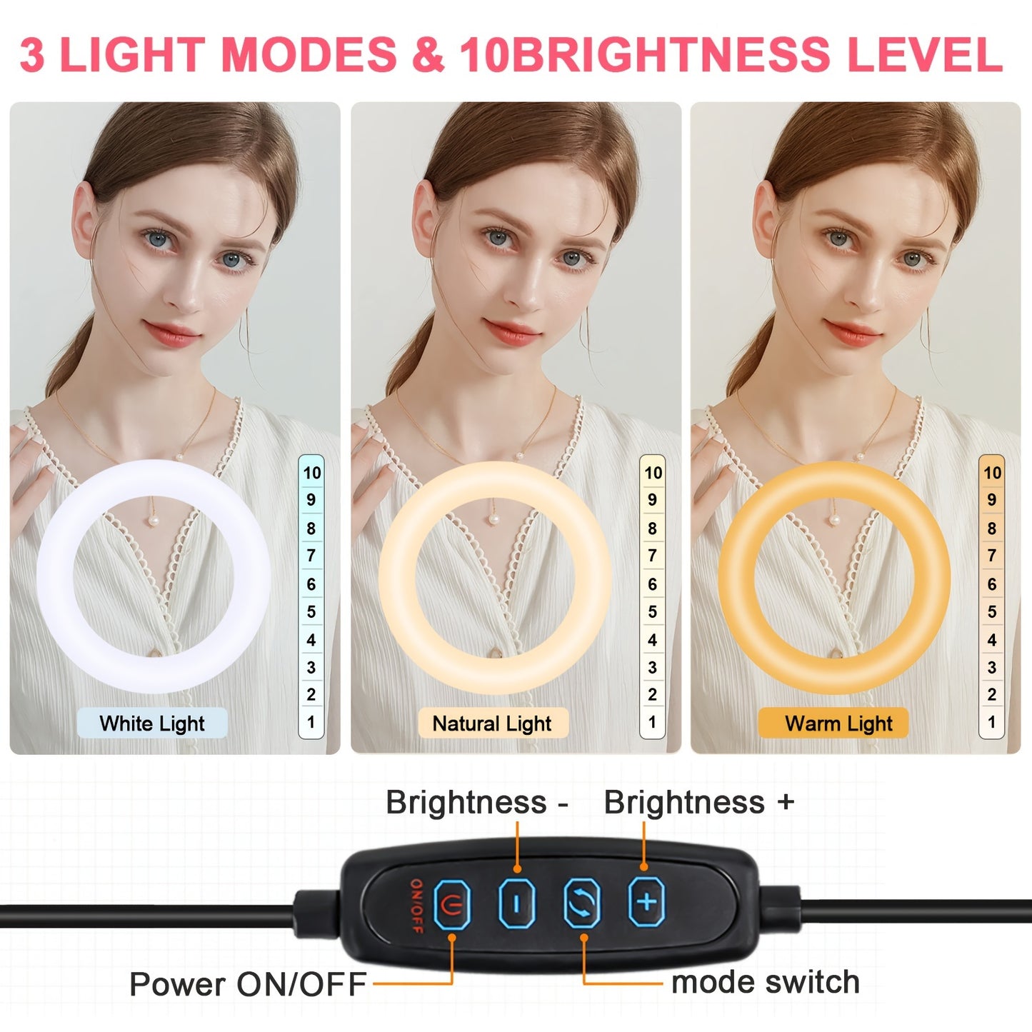 10-inch LED Selfie Ring Light with Adjustable Tri-Color, 43-inch Tripod & Phone Holder, USB Powered