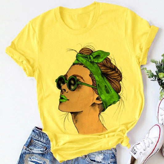 Yellow Plus Size Tshirt Women Summer Vogue Print Lady Casual T-Shirt Tops