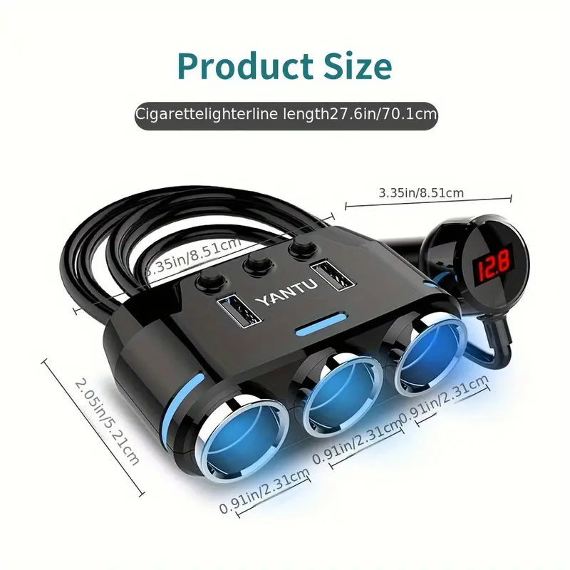 3-Socket Rapid Car Charger with LED Voltage Display