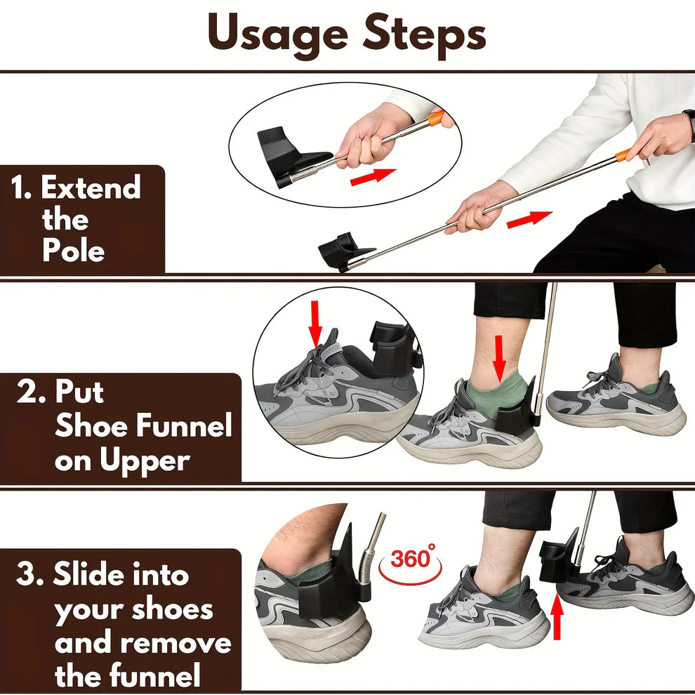 Bending free stainless steel extendable shoe extractor and shoe wearing aid