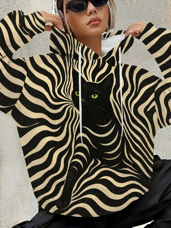 Women'S Hooded Sweatshirt - Black & White Zebra Stripe with Green Eyes