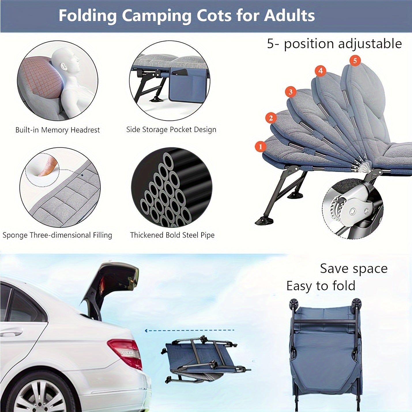 Modern Folding Bed with Manual Reclining Mechanism & Solid Backrest