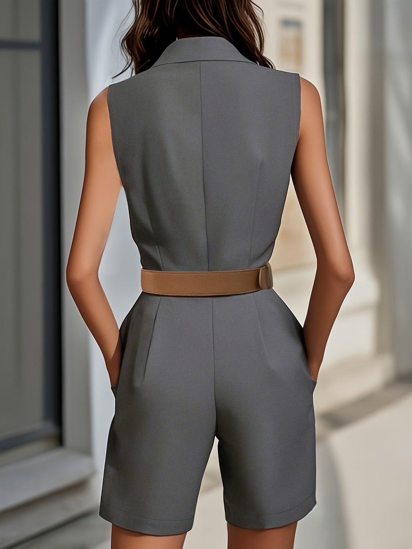 Women'S Stylish Gray Sleeveless Jumpsuit with Belt