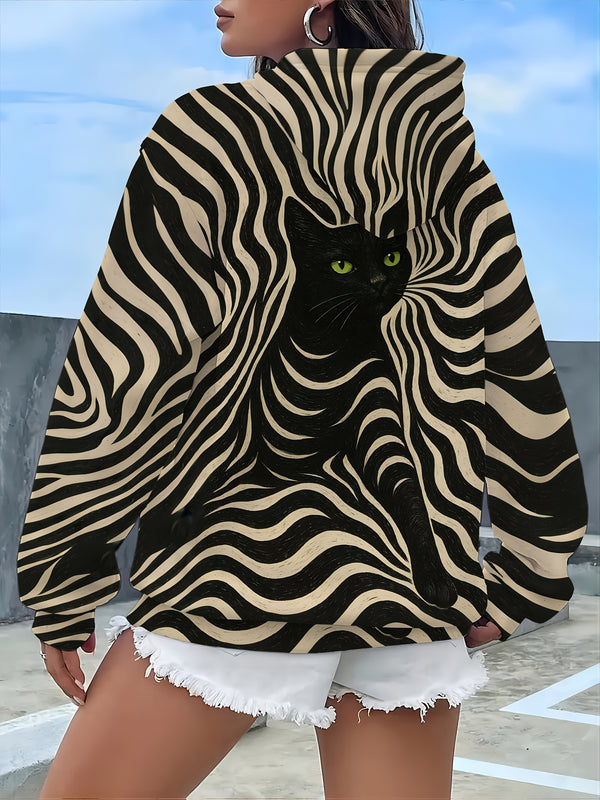 Women'S Hooded Sweatshirt - Black & White Zebra Stripe with Green Eyes