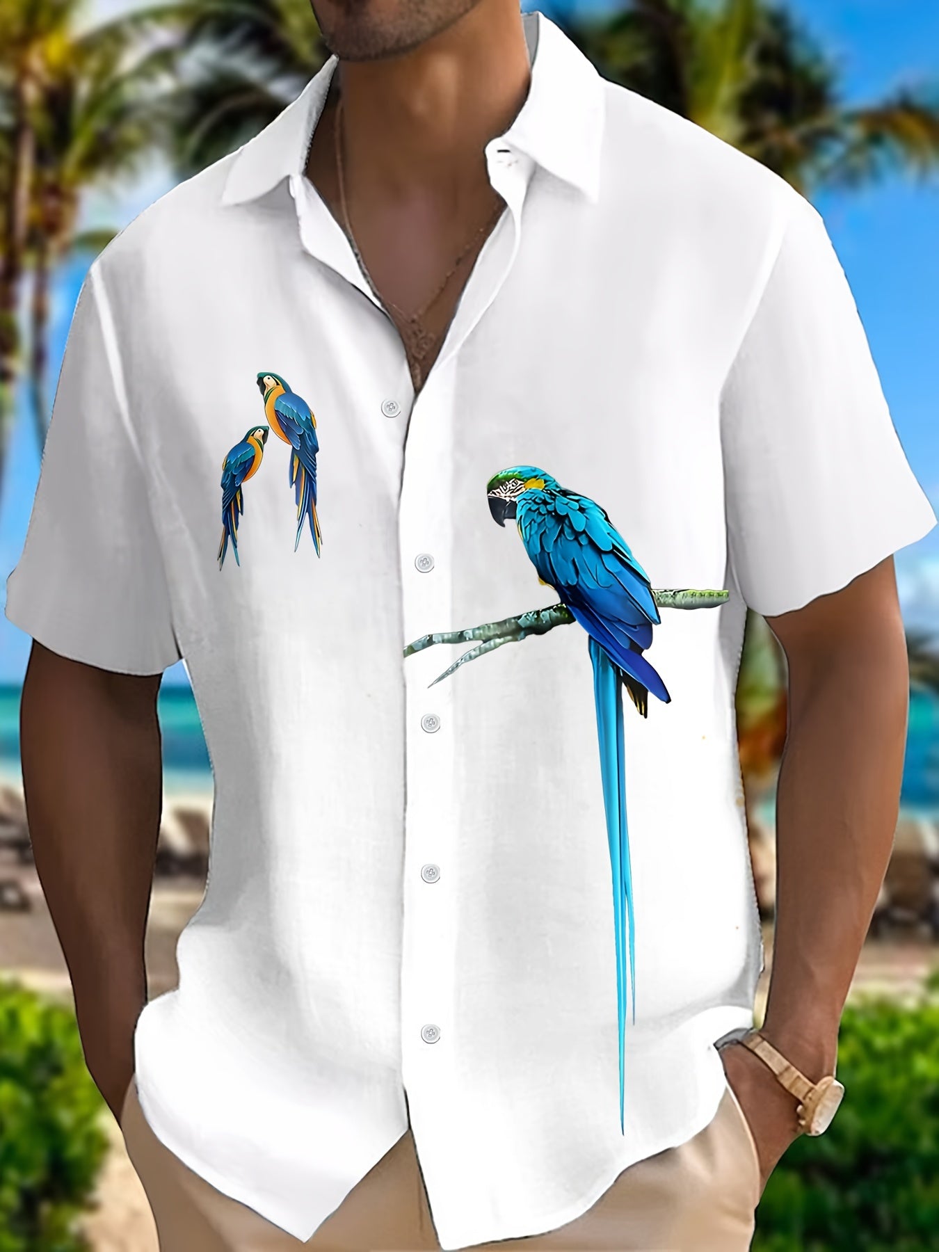 Men's Parrots Pattern Pint Short Sleeve Lapel Shirt Top