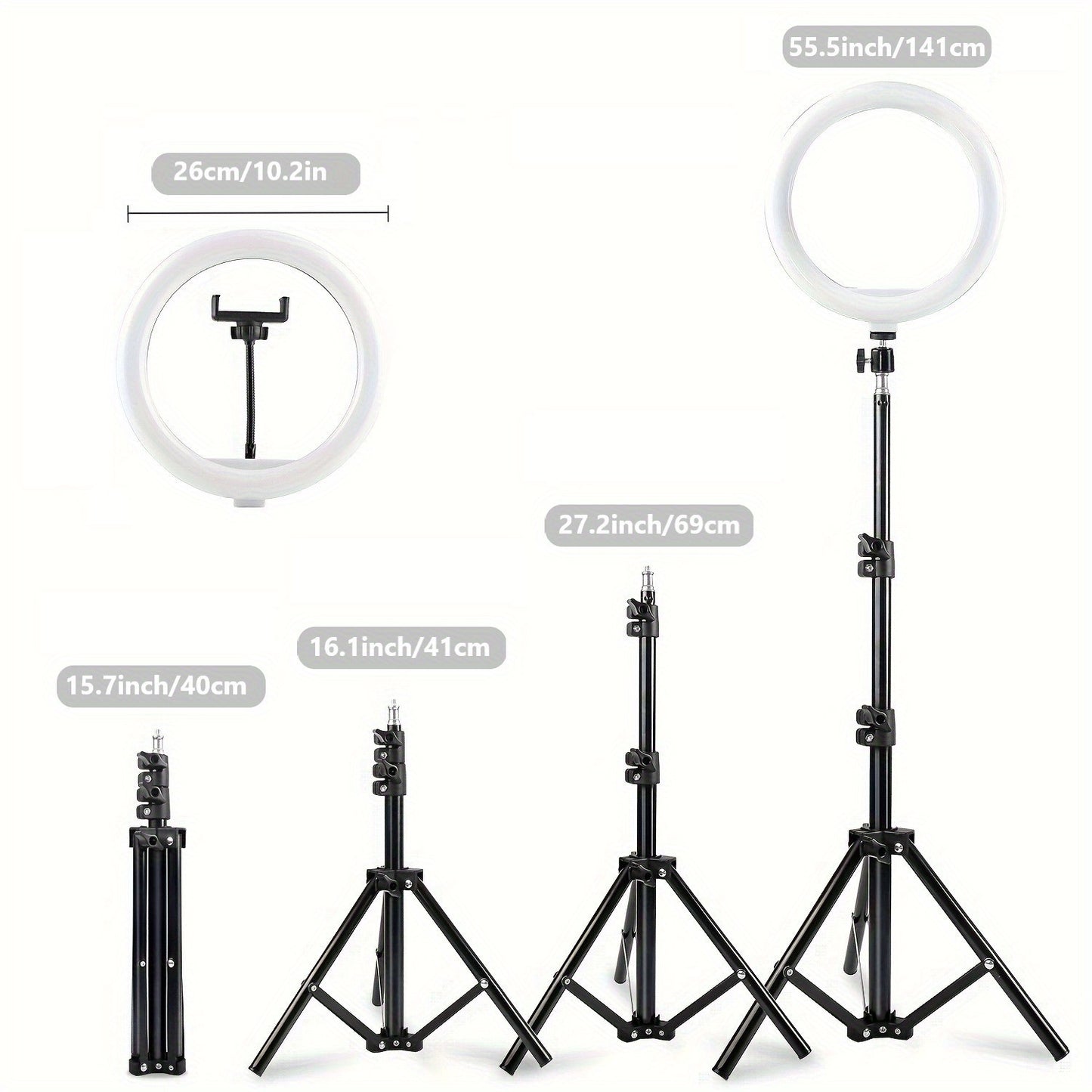 10-inch LED Selfie Ring Light with Adjustable Tri-Color, 43-inch Tripod & Phone Holder, USB Powered