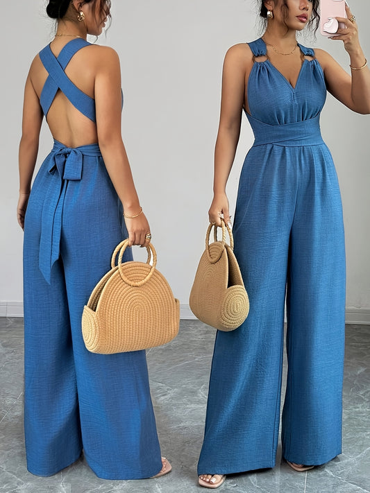 Women's Elegant V-Neck Wide-Leg Jumpsuit with Belted Waist & Back Strap