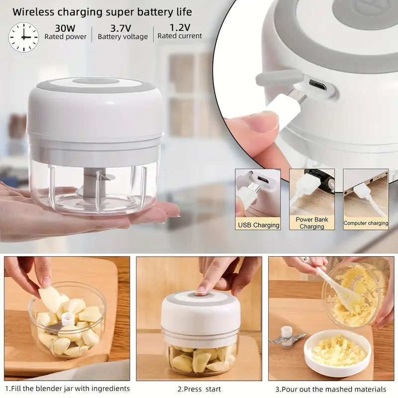 250ml Capacity, Compact Garlic Mincer - USB Rechargeable Kitchen Cooking Machine for Multi-Scene Use