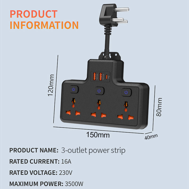 Plug power strip, 3AC individually controlled switch socket