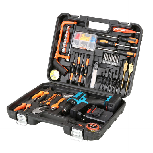 124-piece cordless drill set with two batteries and one charger