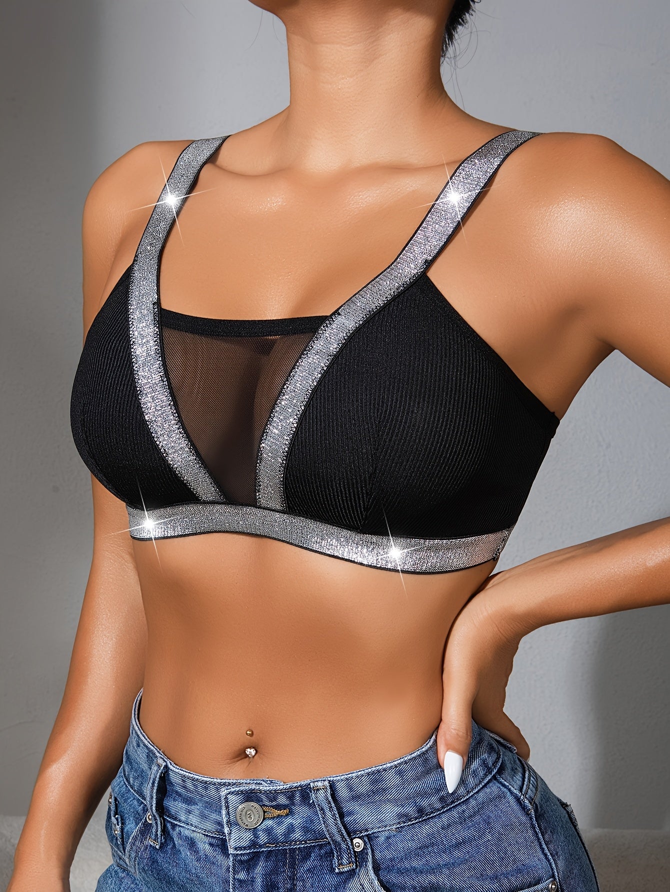 Women'S Sexy Lace Bra with Sparkling Silver Trim