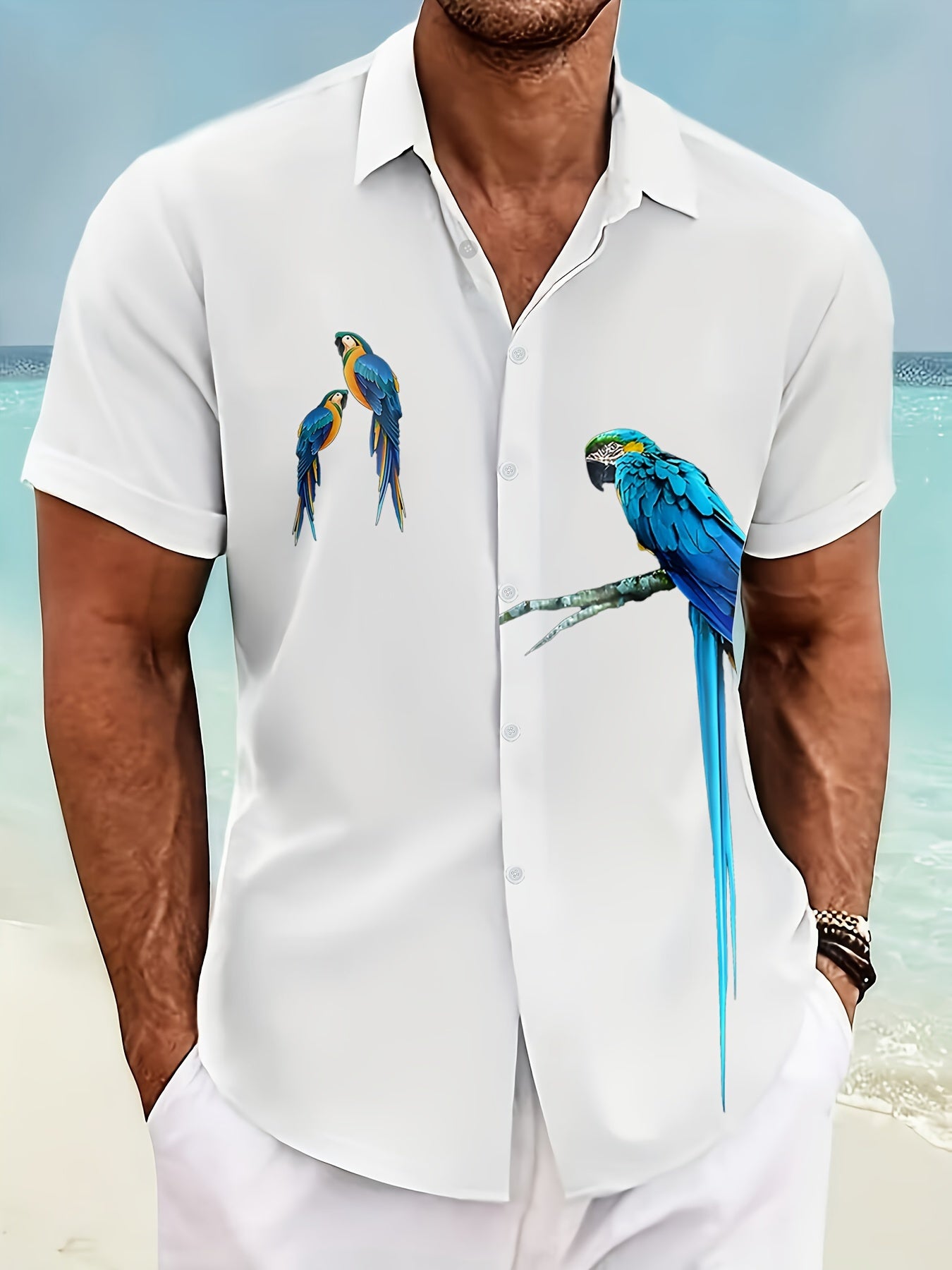 Men's Parrots Pattern Pint Short Sleeve Lapel Shirt Top