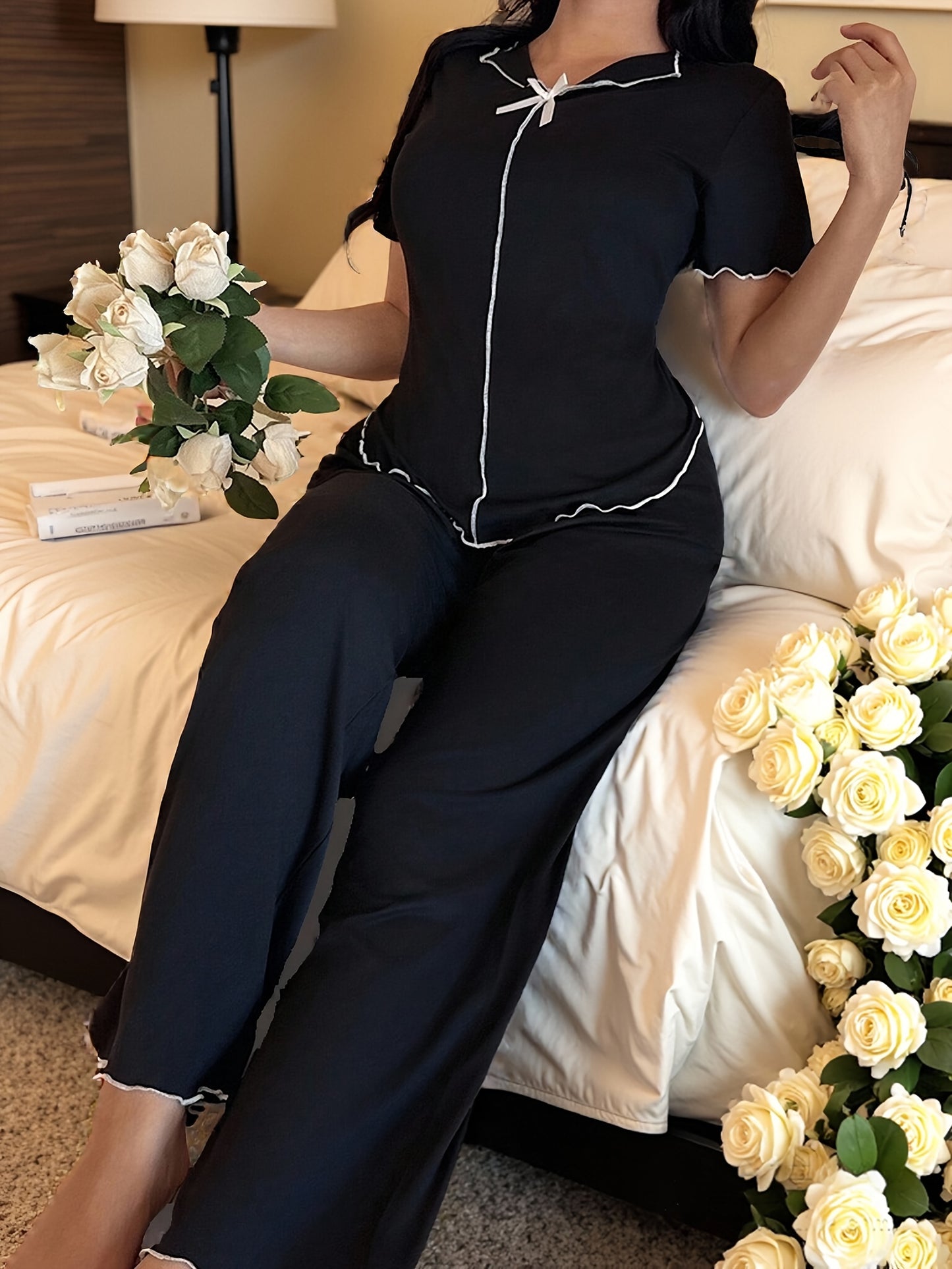 Women's Solid Color Lapel Short Sleeve Top and Pants Pajama Set