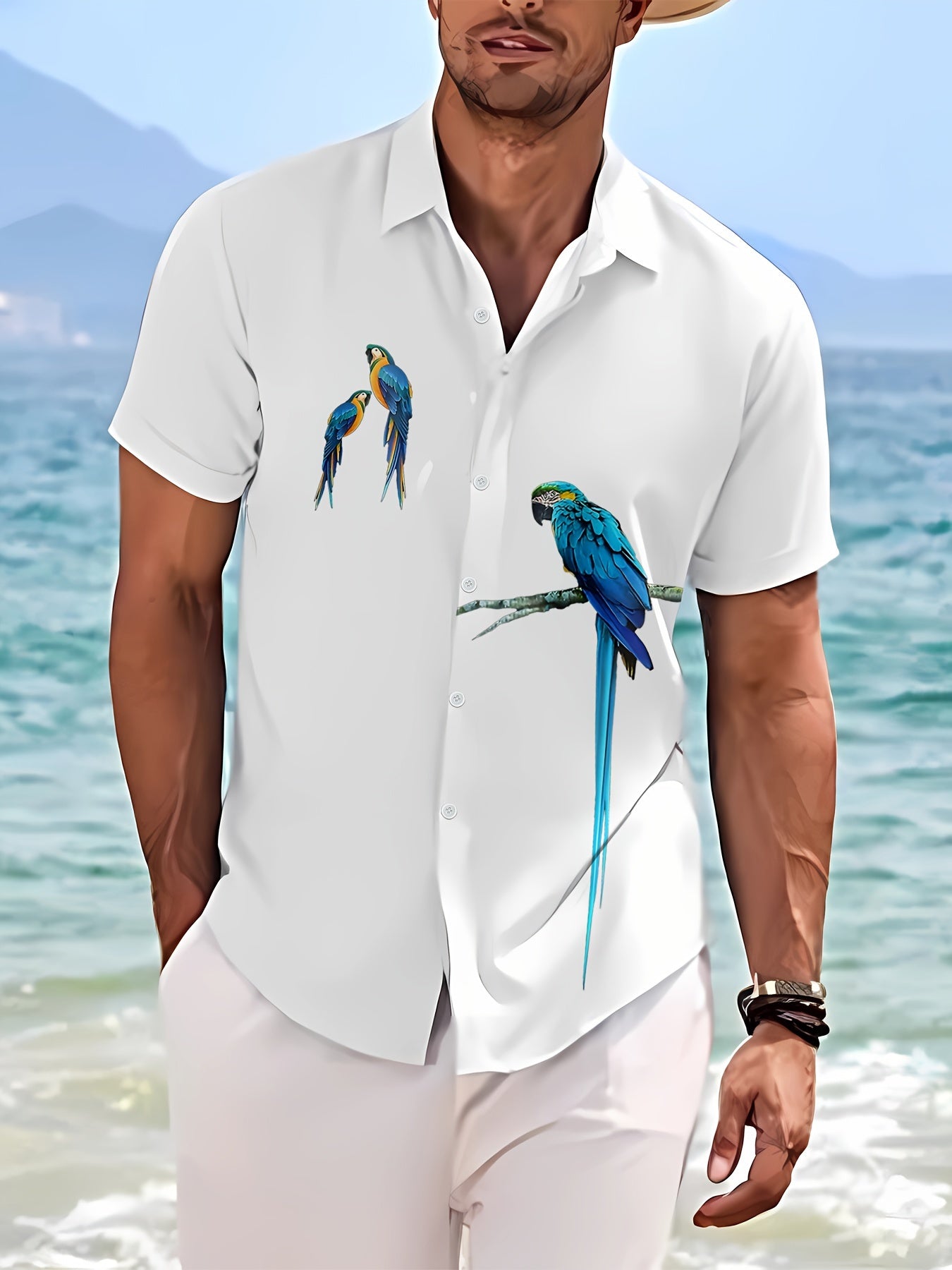 Men's Parrots Pattern Pint Short Sleeve Lapel Shirt Top