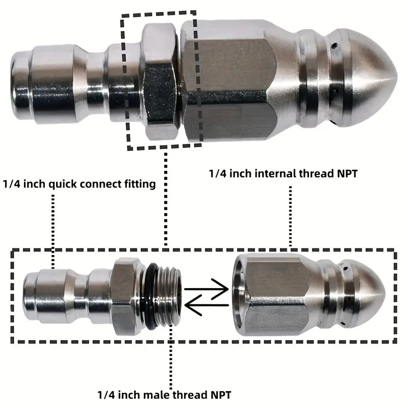 1pc Sewer Pipe Unblocking Stainless Steel High-pressure Nozzle Stainless Steel Quick-connect 1/4 Pipe Cleaning Rotating Nozzle Unblocking Nozzle