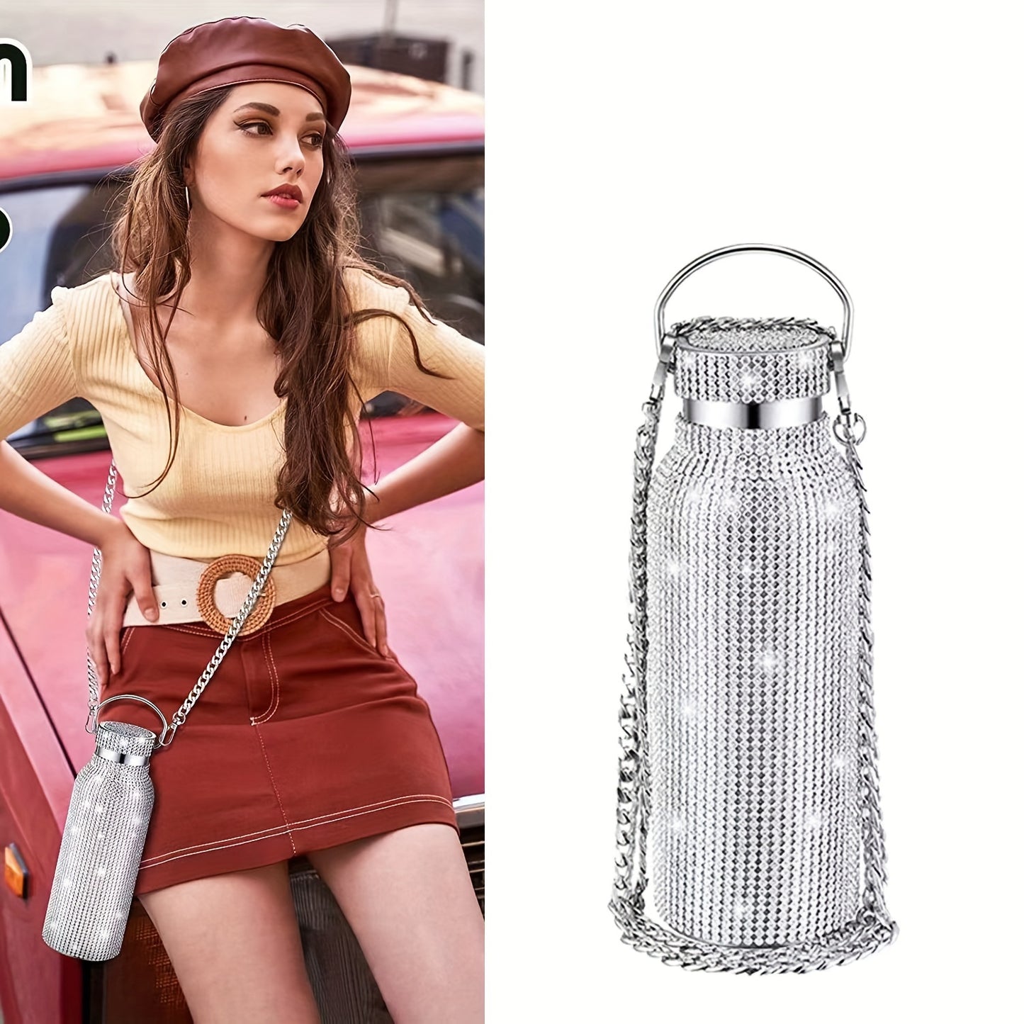 1pc Sparkling Diamond Stainless Steel Insulated Bottle