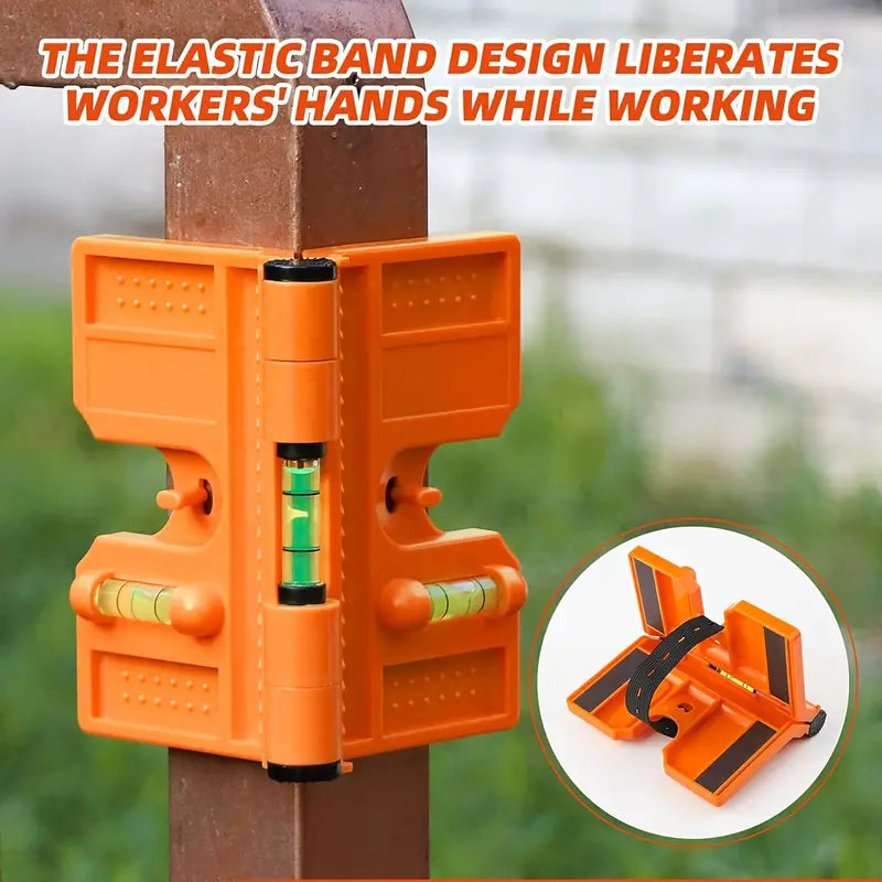 270° Adjustable Magnetic Post Level - Foldable Tool with 3 Bubble Vials & Hands-Free Elastic Loop, Durable ABS Resin, Orange